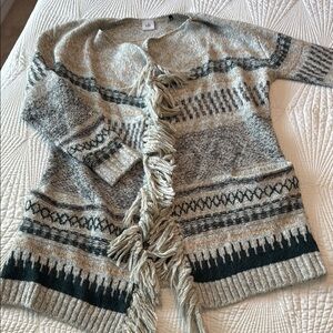 CAbi Gray and Black Patterned Cardigan with Fringe
